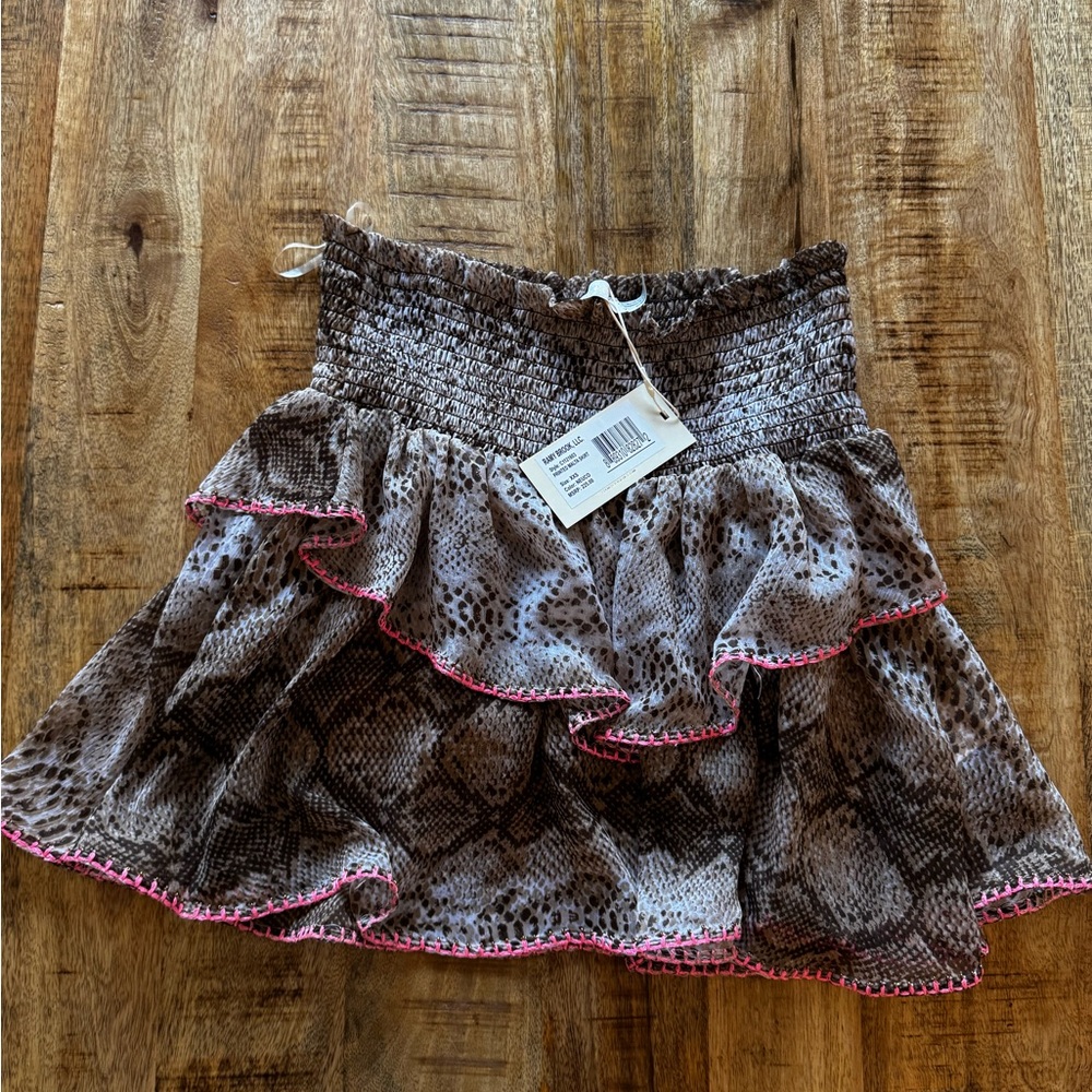 Ramy Brook printed Malta Brown Snake Mini swim Skirt with Pink Trim coverup XXS